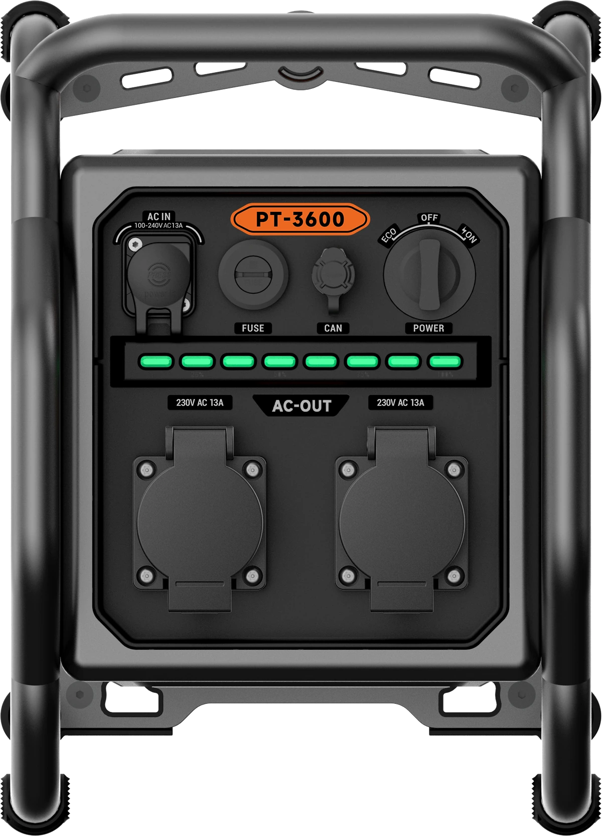 Front view of the DHORYNTA PT-3600K portable power station with AC outlets and status display